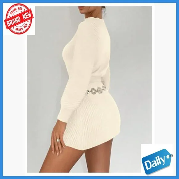 Long Sleeve Mock Neck Sweater Dress Shirred Office Mini A-Line - Picture 3 of 4